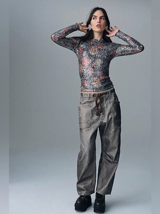 Free People Denim - Free People We The Free Moxie Printed Low-Slung Barrel Jeans Metallic  Size 32